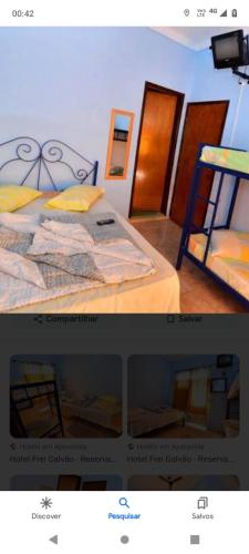 two pictures of a bedroom with a bed and a ladder at Hotel Frei Galvão in Aparecida