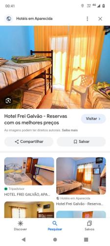 a page of a hotel room with a bed and a chair at Hotel Frei Galvão in Aparecida