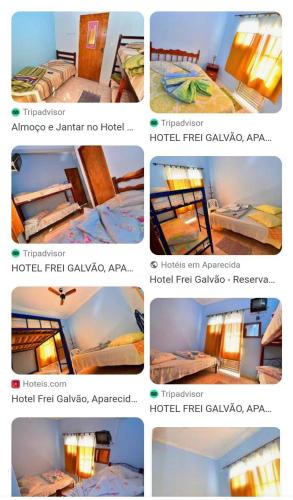 a collage of photos of a room with different beds at Hotel Frei Galvão in Aparecida