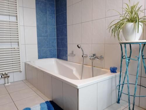 uma casa de banho com uma banheira com uma planta em Loft Eifel Idylle em Nettersheim