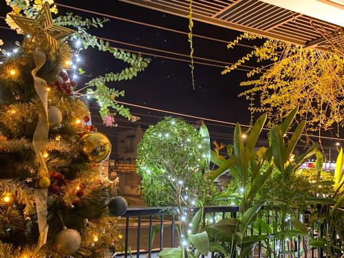 a christmas tree in a garden at night at DOME APARTMENT in Nhơn Trạch