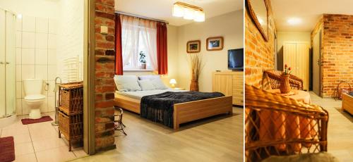 two pictures of a bedroom with a bed and a bathroom at Bednarzówka in Nowy Tomyśl