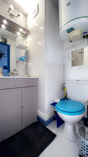 une salle de bain avec des toilettes bleues et un lavabo dans l'établissement La terrasse de Gruissan, à Gruissan