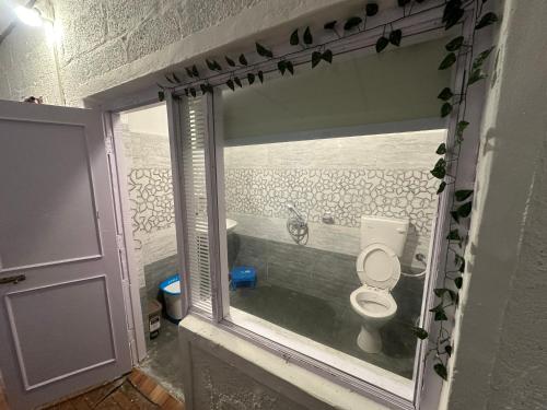 a bathroom with a toilet and a window at Dreamwoods A travellers farmhouse in Dharamshala