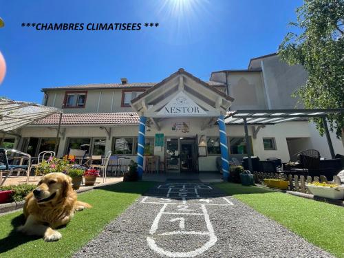 a dog laying on the grass in front of a building at NESTOR HOTEL GAP et Restaurant in Gap