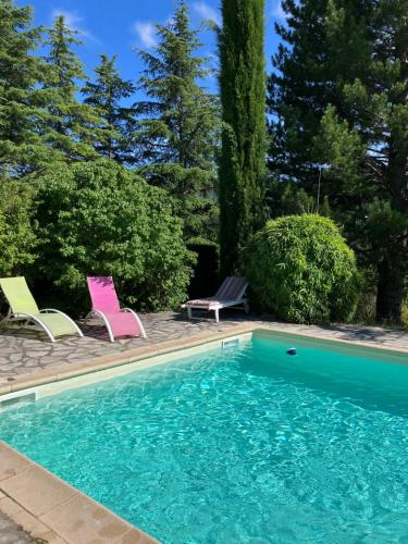 a swimming pool with two chairs and a table at La fabrique des petits bonheurs in Dieulefit