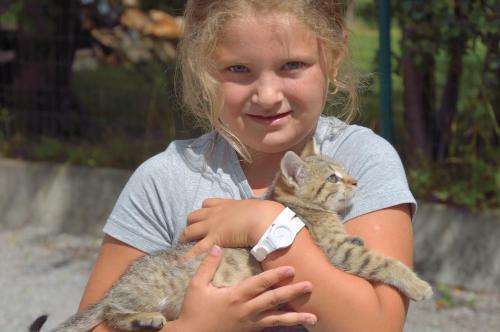 a young girl holding a kitten in her arms at Penzion u Laca in Zuberec