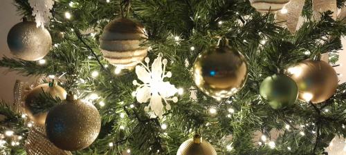 uma árvore de Natal com ornamentos de Natal em Apartman OleLole , 1 floor em Brcko