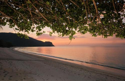 a view of a beach with a sunset in the background at Myamo Beach Lodge in Jereweh