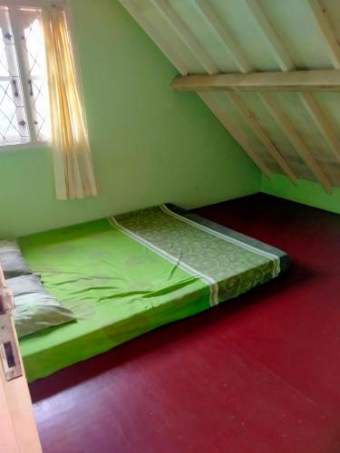 a bed in a green room with a window at Roemah Sakinah in Ciguntur