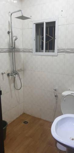 a bathroom with a shower and a sink and a window at Gradun in Ikeja