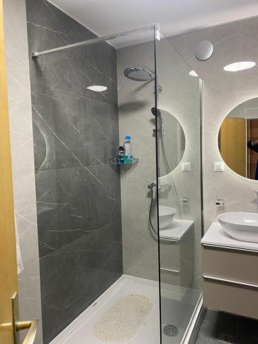 a bathroom with a glass shower with a sink at Apartman "Lara" in Ploče