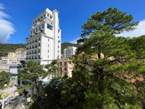 a tall white building with a tree in front of it at Anh Duc Hotel in Tam Ðảo