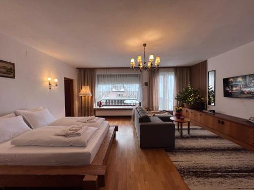 a large bedroom with a bed and a couch at Casa Ema Austria in Ramingstein
