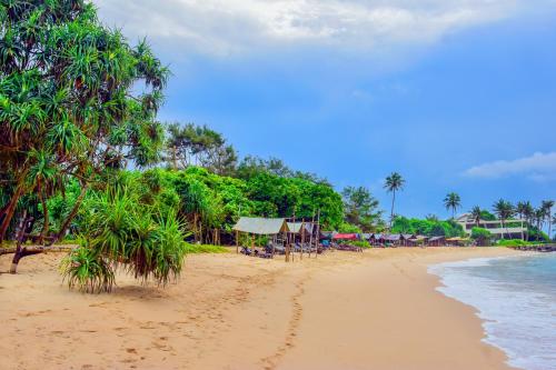 a sandy beach with palm trees and the ocean at Muthu Villa 94 Midigama in Ahangama East