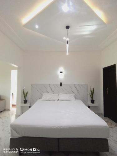 Un dormitorio blanco con una gran cama blanca. en DE LUXE, en Porto Novo