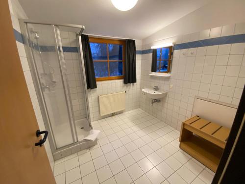 a bathroom with a shower and a toilet and a sink at Twenty Seven Budget Hotel in Zell am See