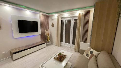 ein Wohnzimmer mit einem Sofa und einem TV an der Wand in der Unterkunft Studio neuf cosy, Cinema Room, moderne avec Fibre, Gare RER C, JO Paris 2024 in Brétigny-sur-Orge