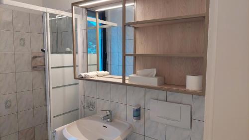 W łazience znajduje się umywalka i lustro. w obiekcie Hotel Nessi Locarno w mieście Locarno