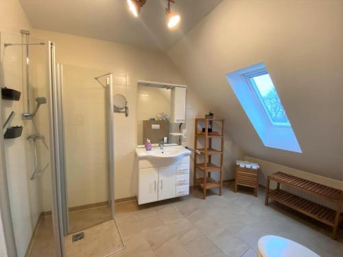 uma casa de banho com um chuveiro, um lavatório e um espelho. em Hafenperle 21 - Traum am Hafen em Norddeich