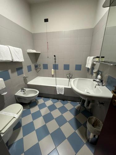 a bathroom with a tub and a toilet and a sink at Continental Hotel in Lovere