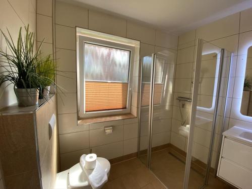 ノルトダイヒにあるHafenperle Iのバスルーム(シャワー、トイレ付)、窓が備わります。