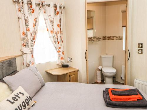 a bedroom with a bed and a toilet and a window at 10 Poppy Lodge in Richmond