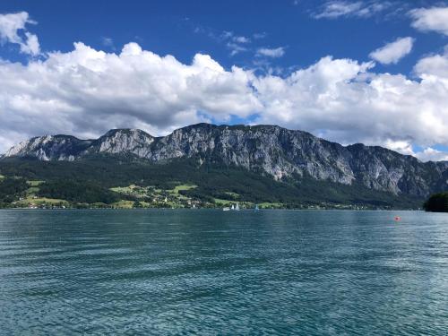 a large body of water with mountains in the background at Apartment With Amazing Lake- and Mountain View in Ober Feuchten