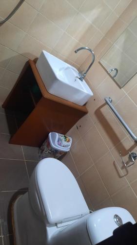 een badkamer met een wit toilet en een wastafel bij Lolo Panding Inn in El Nido