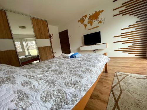 a bedroom with a bed and a flat screen tv at Luxury City Center Apartment in Skopje