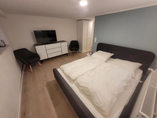 Schlafzimmer mit einem Bett, einem TV und einem Stuhl in der Unterkunft Zimmer im Souterrain mit eigenem Bad in Celle