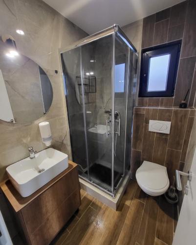 uma casa de banho com um chuveiro, um lavatório e um WC. em Duos West em Soko Banja
