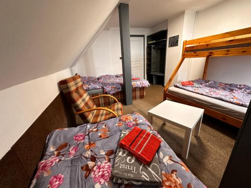 1 Schlafzimmer mit 2 Etagenbetten, einem Tisch und einem Stuhl in der Unterkunft Penzion Roko in Rokytnice nad Jizerou