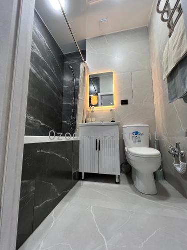 a bathroom with a toilet and a sink at 2-roomed apartment close to REGISTAN Ozod Apartments in Samarkand