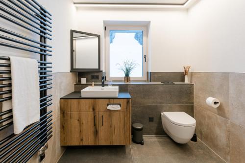 La salle de bains est pourvue d'un lavabo et de toilettes. dans l'établissement ANN SUITES Appartements, à Filzmoos