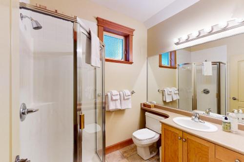 een badkamer met een douche, een toilet en een wastafel bij Tree Tops 10 in Big White