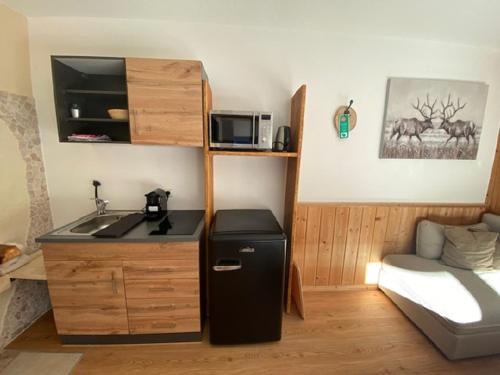 a small kitchen with a sink and a bed in a room at Alpenappartements Schwalbennestl in Mittenwald