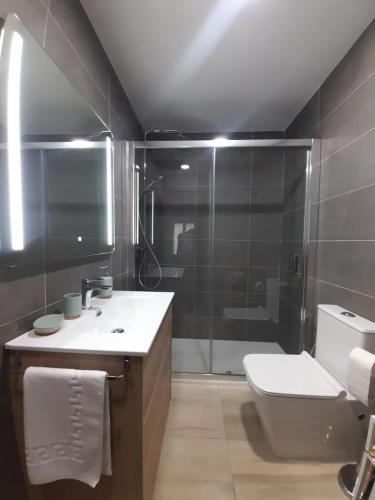 a bathroom with a shower and a toilet and a sink at KAIOA .Incluye parking privado. in Hondarribia