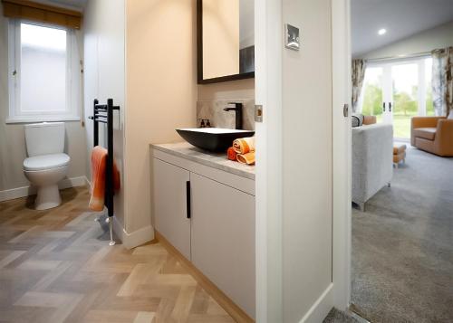 a bathroom with a sink and a toilet at Sandgreen Caravan Park in Girthon
