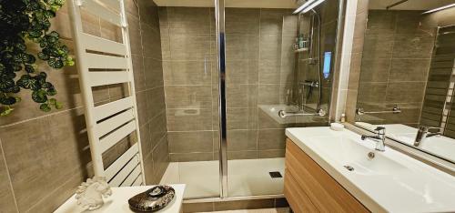 a bathroom with a shower and a sink at Lyon Superbe Appartement Parc Tête d'Or 95 M2 Clim Parking in Lyon