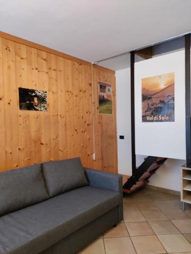 a living room with a couch and a projection screen at NEW ENTRY - Nuova villa nel verde in Mezzana