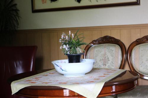 a table with a plant in a bowl on it at Yufuin-Sanso Waremokou in Yufuin