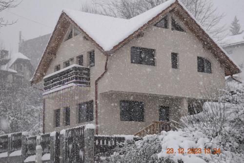 a house covered in snow in a yard at Capra cu trei iezi in Sinaia