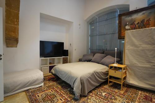 a living room with a bed and a flat screen tv at Large Kamara Studio in Nicosia