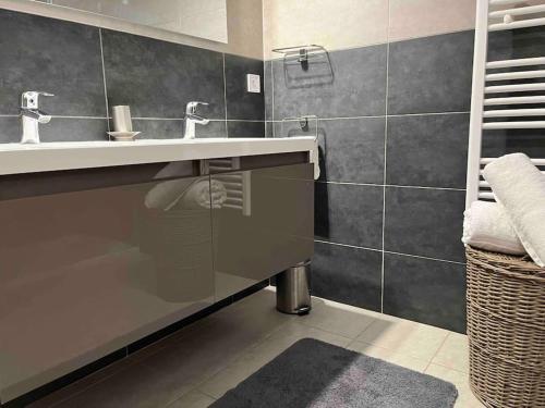 uma casa de banho com um lavatório e um espelho em Espace Sainte-Maxime em Sainte-Maxime