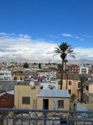 uma vista para uma cidade com uma palmeira e edifícios em Nicosia City Centre Sky Views Apartment em Nicósia