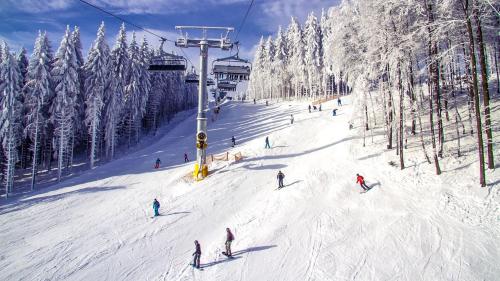 a group of people skiing down a snow covered ski slope at Ferienwohnung Menges in Medebach