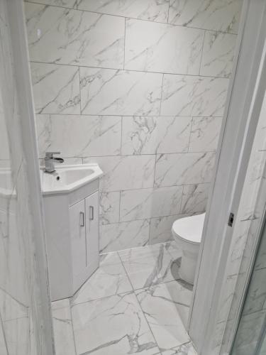 La salle de bains blanche est pourvue d'un lavabo et de toilettes. dans l'établissement Unit 8 Adult Lovers Hotel, à Handsworth