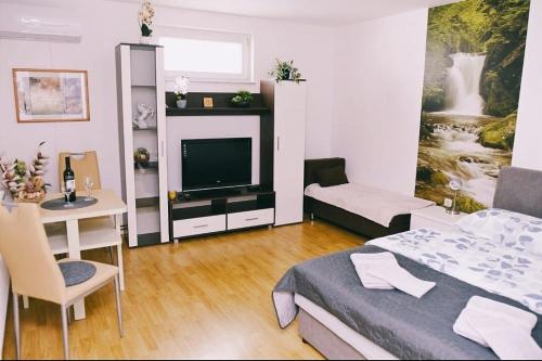ein Wohnzimmer mit einem Bett und einem TV in der Unterkunft Soba Luić in Županja
