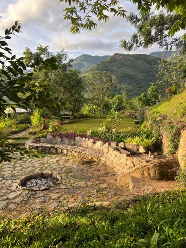 a stone path in a garden with mountains in the background at The Mudhouse Marayoor in Munnar